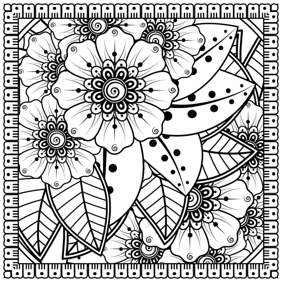 Outline square flower pattern in mehndi style for coloring book page vector