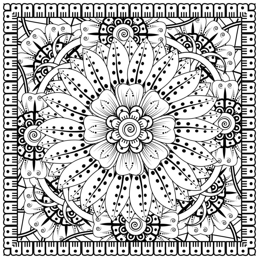 Outline square flower pattern in mehndi style for coloring book page
