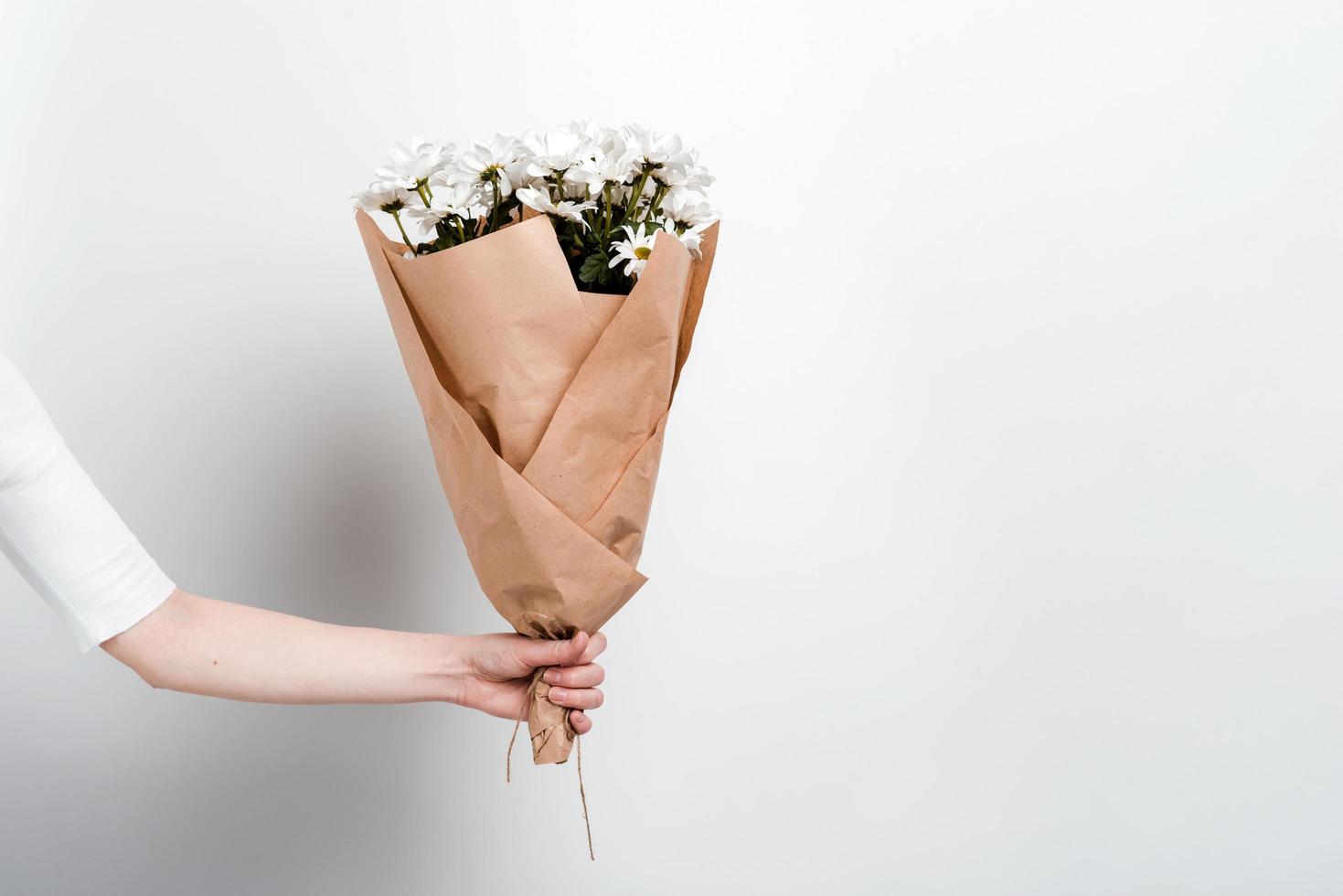 Ramo de flores de manzanilla en mano femenina sobre un fondo blanco. foto