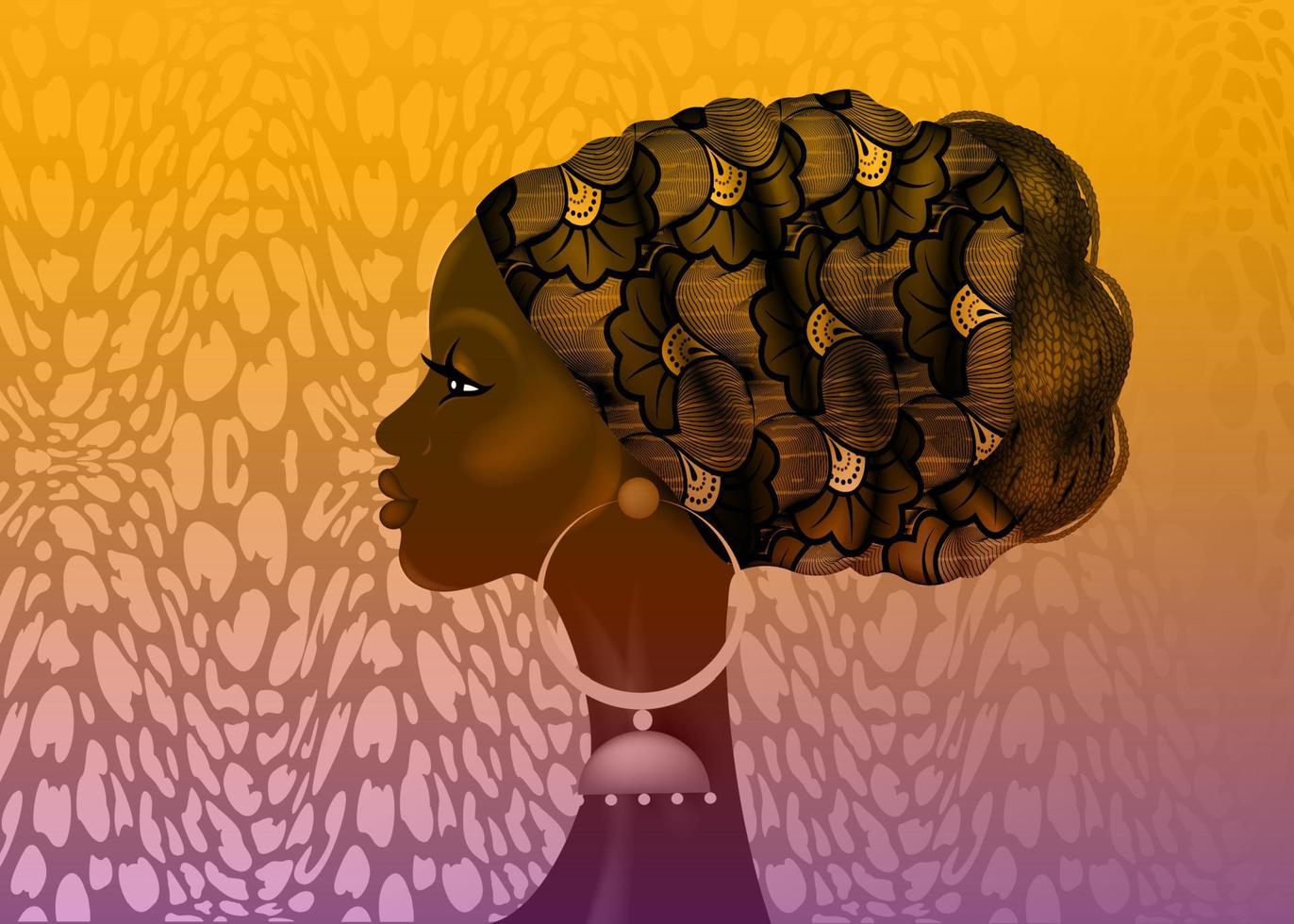 Peinado afro, hermoso retrato de mujer africana en turbante de tela con estampado de cera, concepto de diversidad. Reina negra, corbata étnica para trenzas afro y vector de pelo rizado rizado aislado sobre fondo de colores