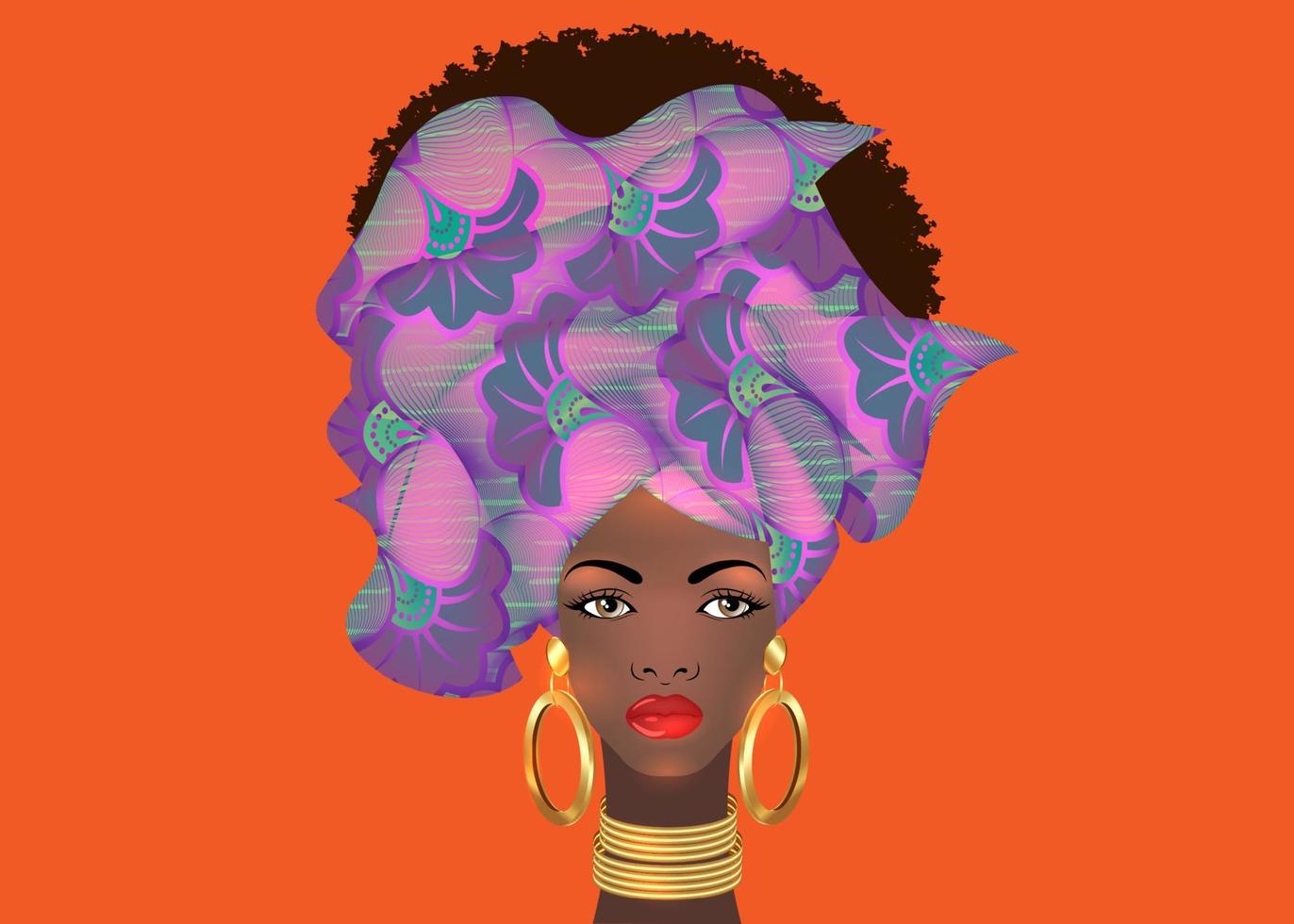 Afro hairstyle beautiful portrait African woman in wax print fabric turban, gold jewelry, diversity concept. Black Queen, ethnic head tie for afro kinky curly hair. Vector isolated orange background