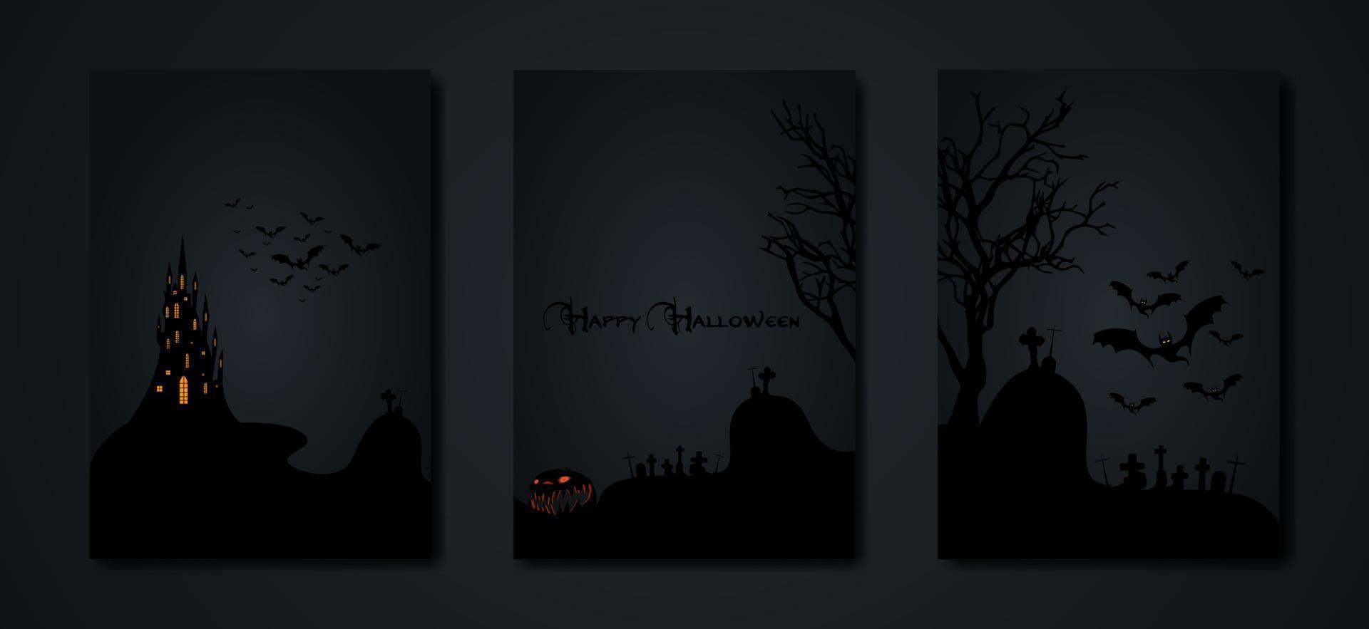 Halloween party, set cards spooky dark background, silhouettes of characters and scary bats with gothic haunted castle, horror theme concept, scary pumpkin and dark graveyard, vector templates