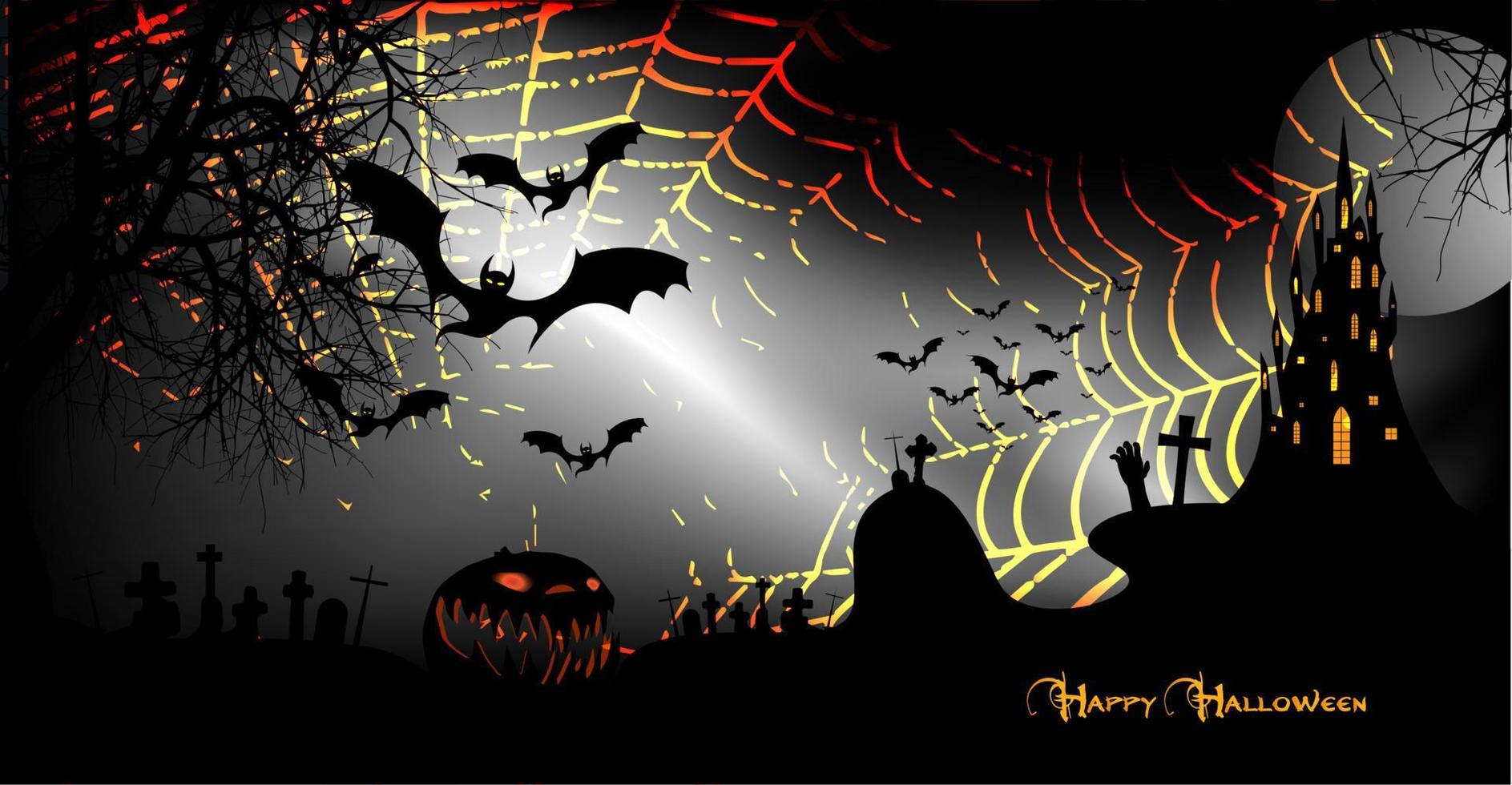 Halloween party banner, spooky dark background, silhouettes of characters and scary bats with gothic haunted castle, horror theme concept, scary pumpkin and dark graveyard, vector templates