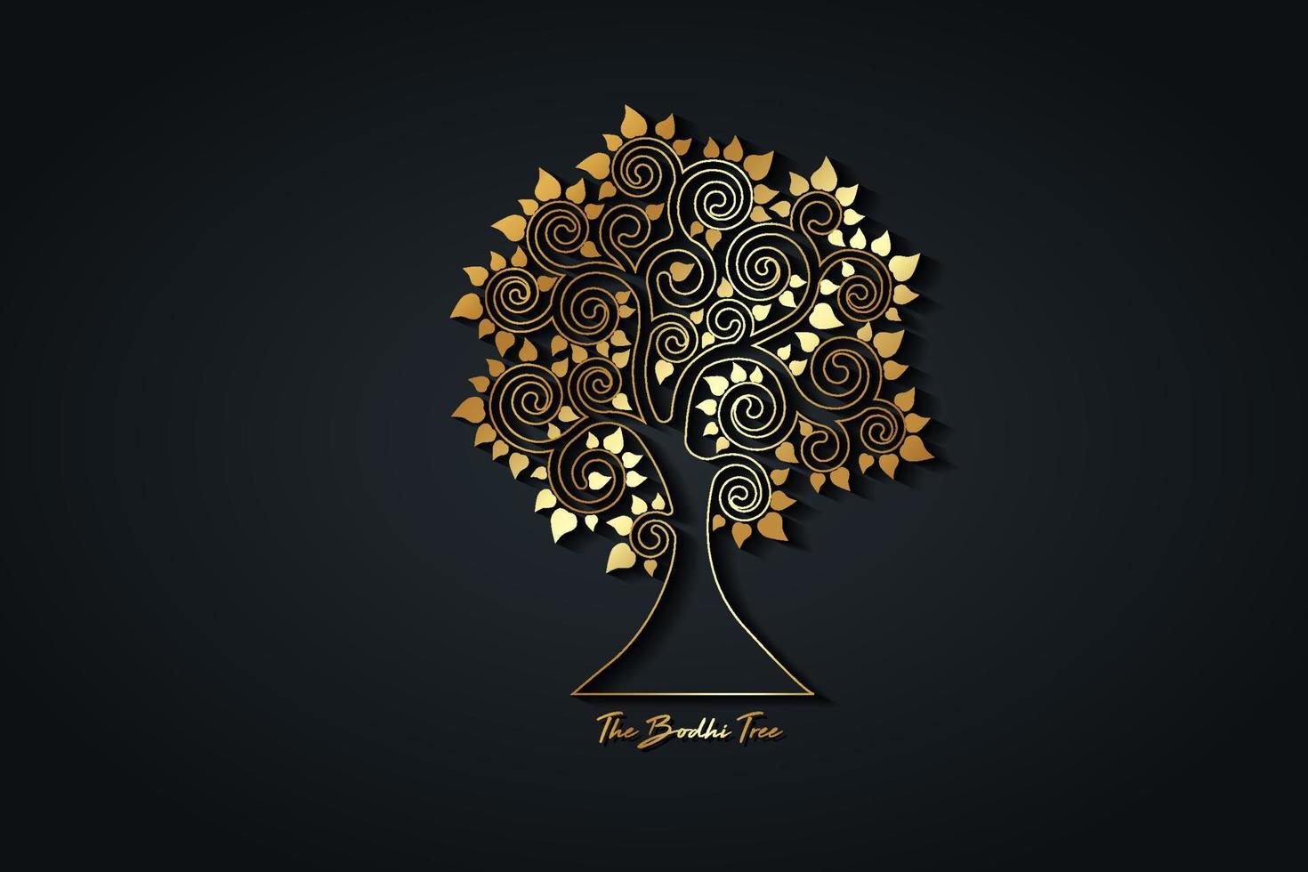 The Bodhi tree gold logo template, Tree of life concept, Sacred Fig with heart shaped leaves, Vesak day, golden luxury silhouette, icon vector isolated on black background