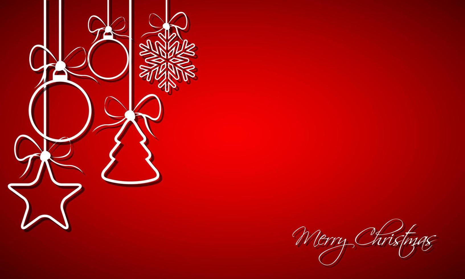 Red Christmas background with christmas balls, snowflake and star. Holiday greeting card with merry christmas sign. Happy new year vector iilustration