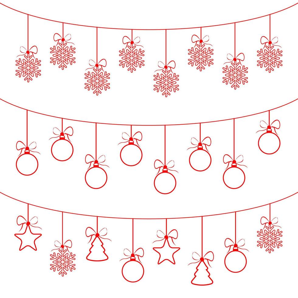 Christmas decorations hanging. Christmas chains with snowflakes, balls, trees and stars. Simple vector illustration