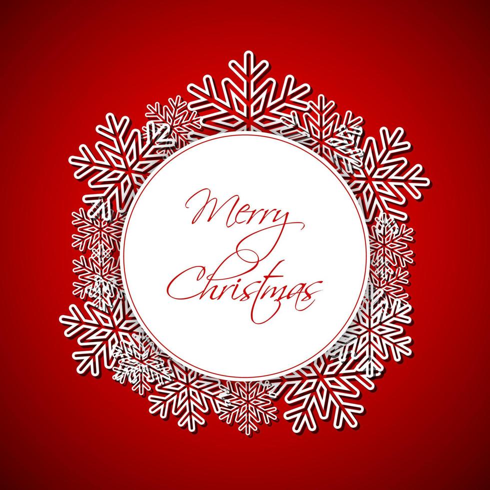 Merry Christmas greeting card with snowflakes. Christmas red background. Simple vector illustration