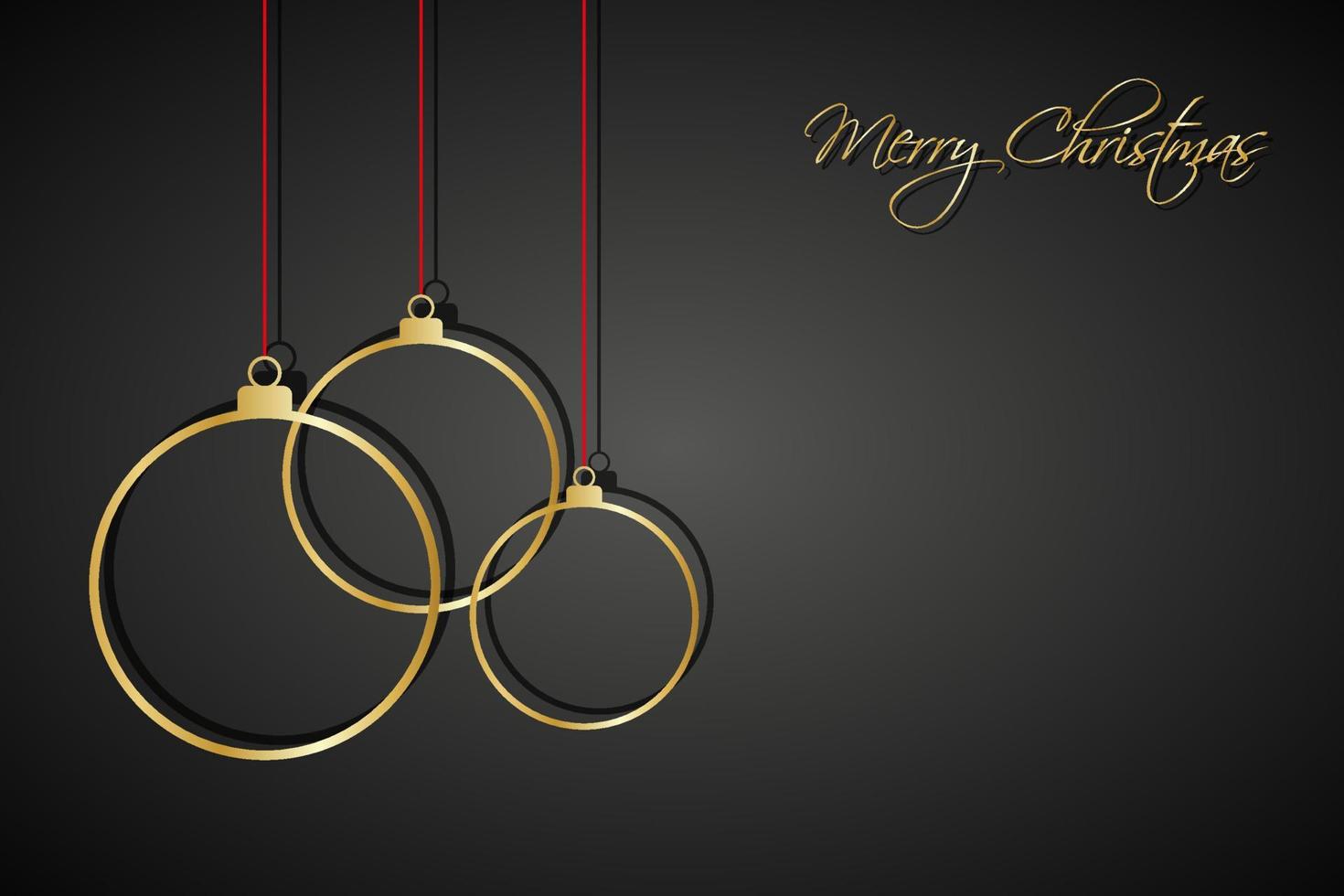 Three golden Christmas balls with red strings on black background. Holiday greeting card with merry Christmas sign vector