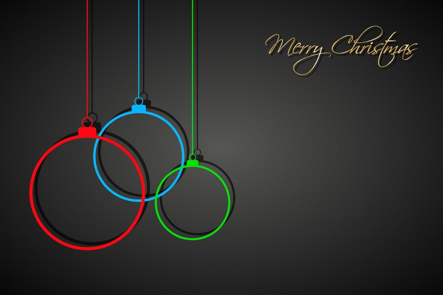 Three colorful Christmas balls with strings on black background. Holiday greeting card with merry Christmas sign vector