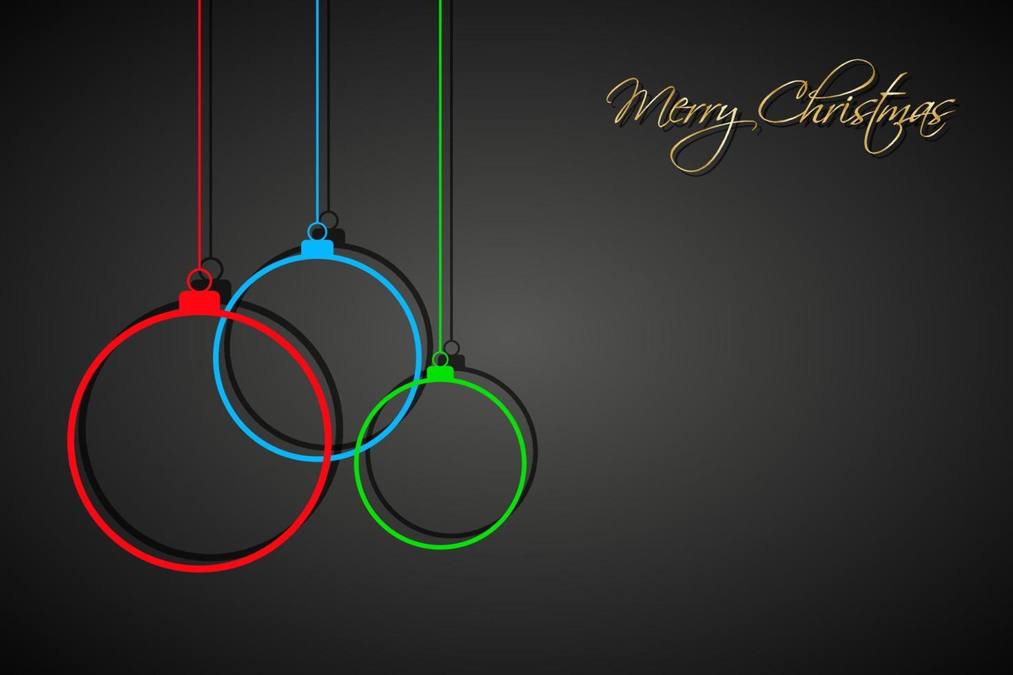 Tres bolas de Navidad de colores con cuerdas sobre fondo negro. tarjeta de felicitación navideña con cartel de feliz navidad vector