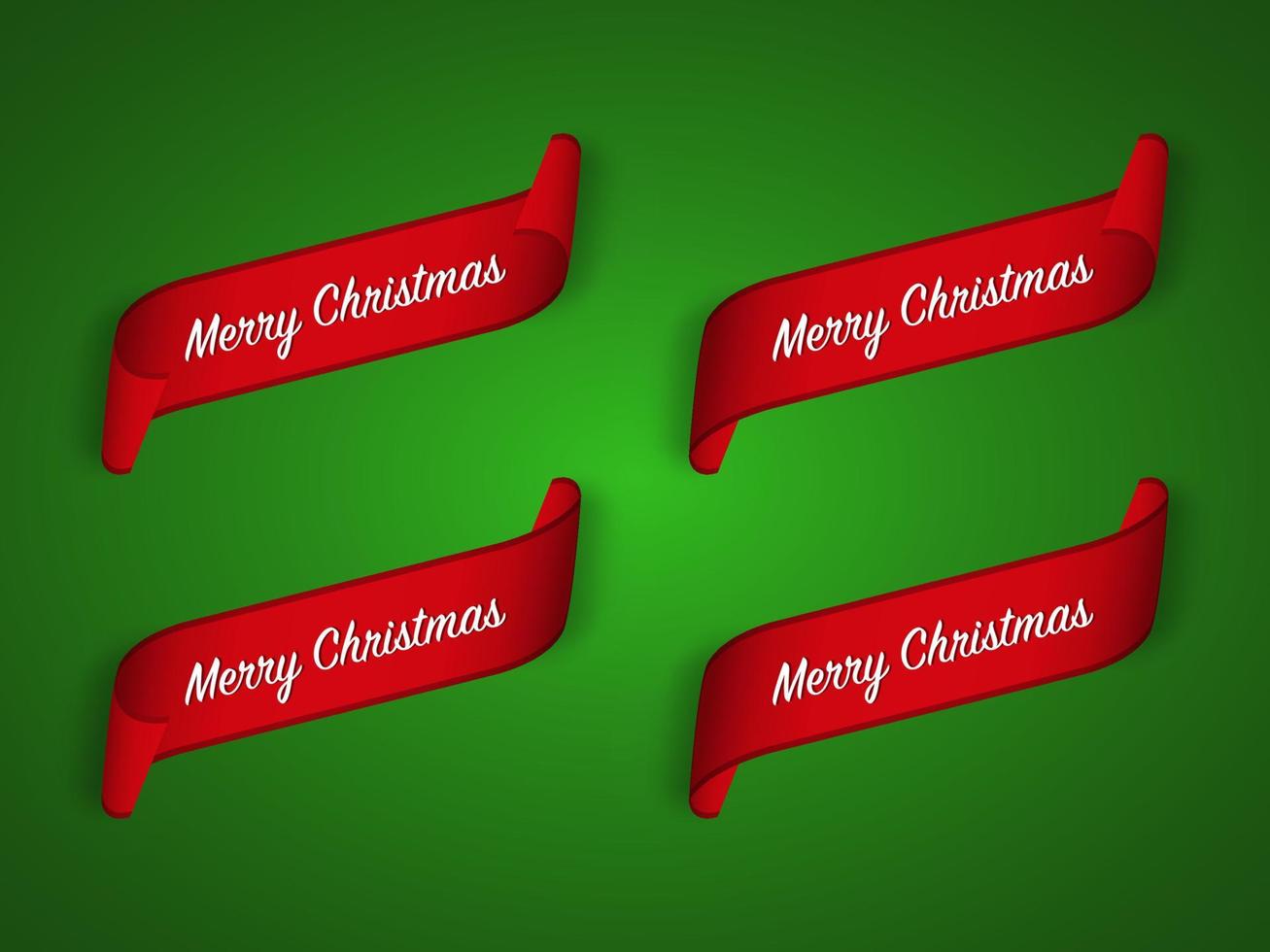 Set of four modern red Christmas ribbons on green background. Merry Christmas vector illustration