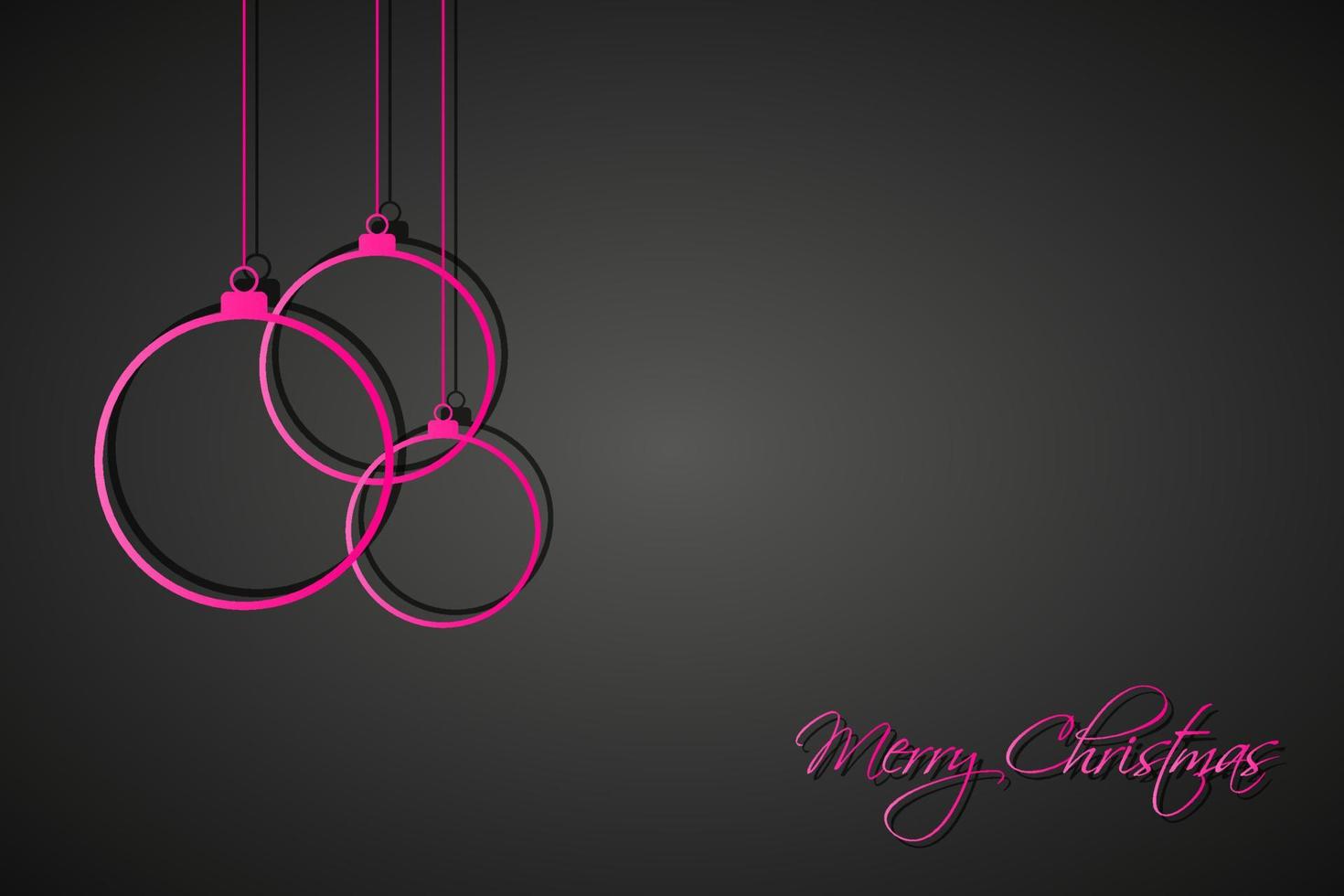 Three pink Christmas balls on black background. Holiday greeting card with merry Christmas sign. Vector illustration