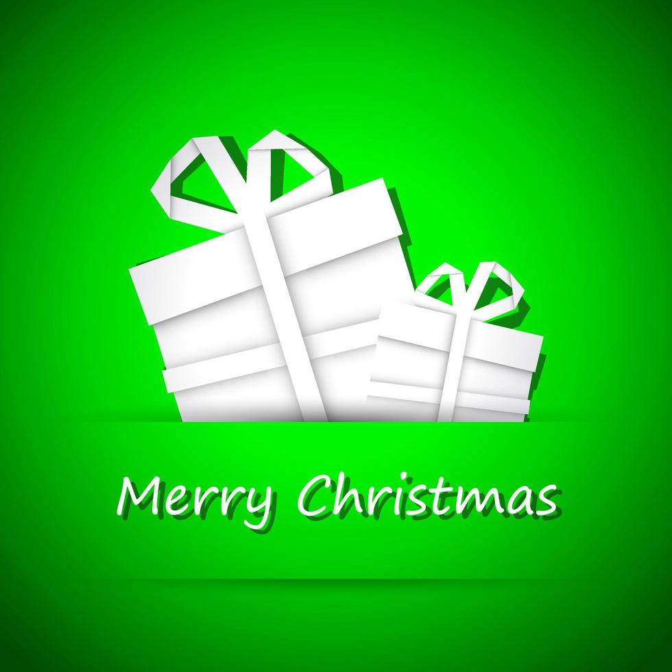 Two Christmas gift from white paper on green background. Holiday greetings card. Vector illustration