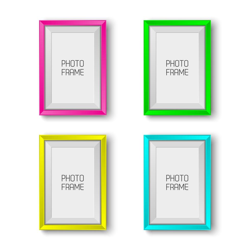 marcos de fotos realistas en colores neón aislados sobre fondo blanco con espacio en blanco para su foto, marcos de fotos rosa, verde, amarillo y cian vector