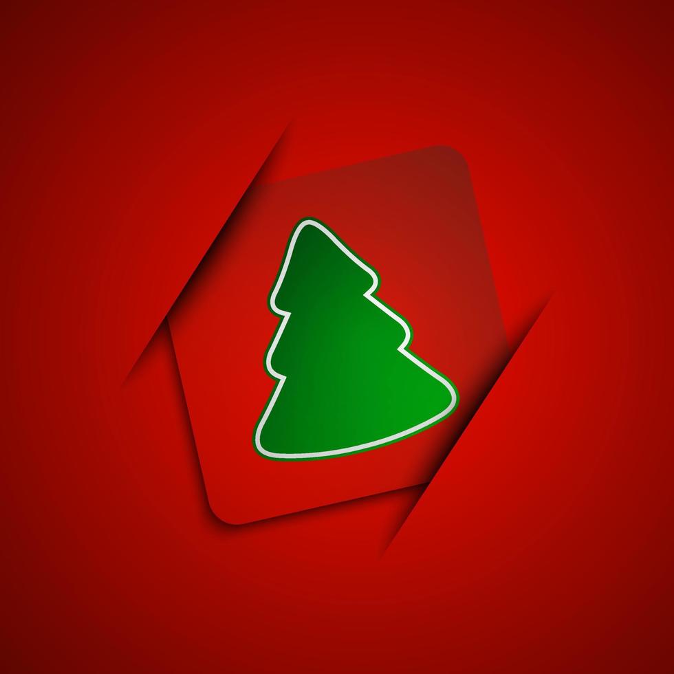 Simple vector Christmas tree on red background. Merry Christmas. Holiday greetings card.