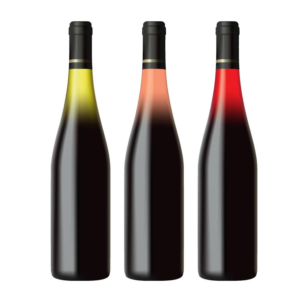 Set of white, rose and red wine bottles isolated on white background. Realistic vector illustration