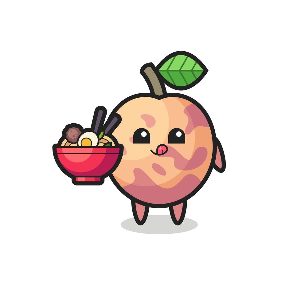 lindo personaje de fruta pluot comiendo fideos vector