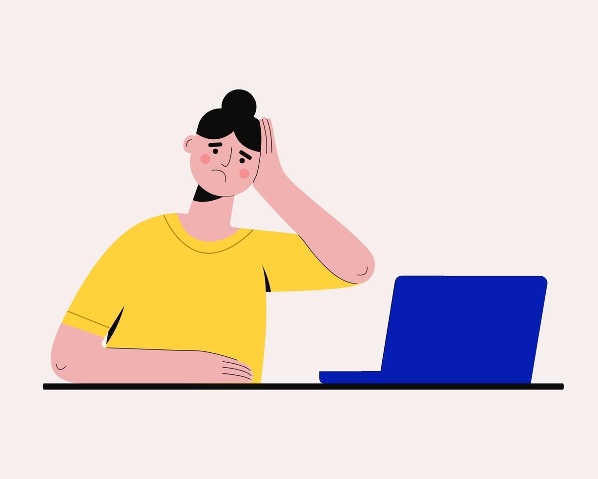 Tired sad woman working on laptop. Stress because of computer problems, professional burnout, office or freelance overworking, bad online news vector