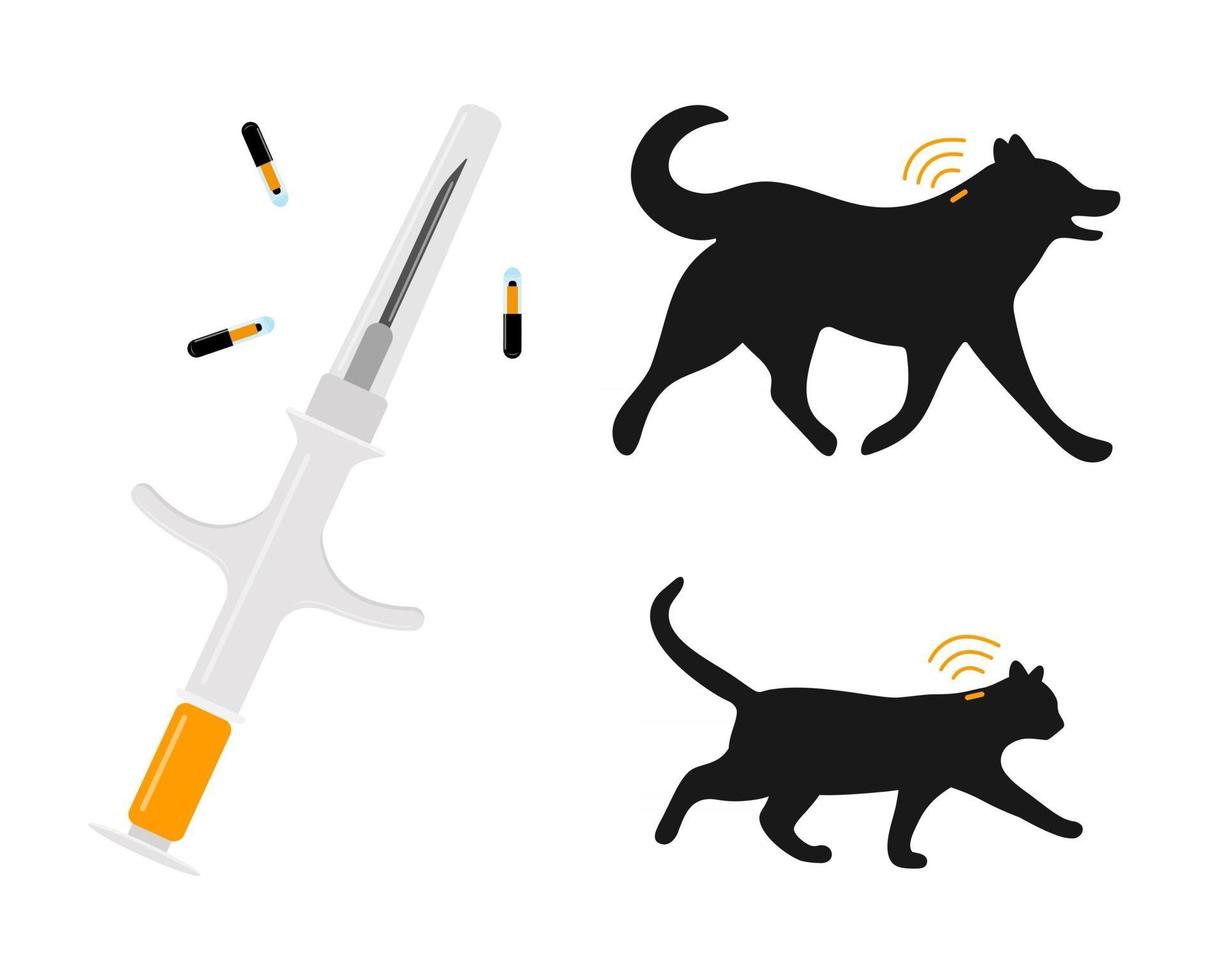 Pets microchipping concept. Syringe with microchips, dog and cat silhouettes with implants and RFID signals. Animals permanent identification vector