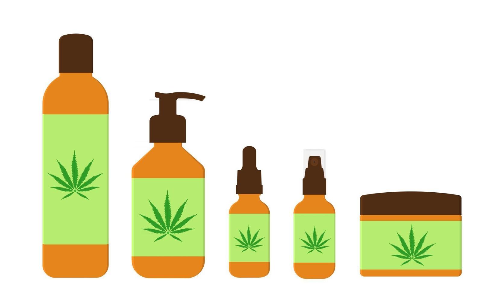 CBD oil cosmetic products in different bottles. Natural hemp cosmetic for skin and hair vector