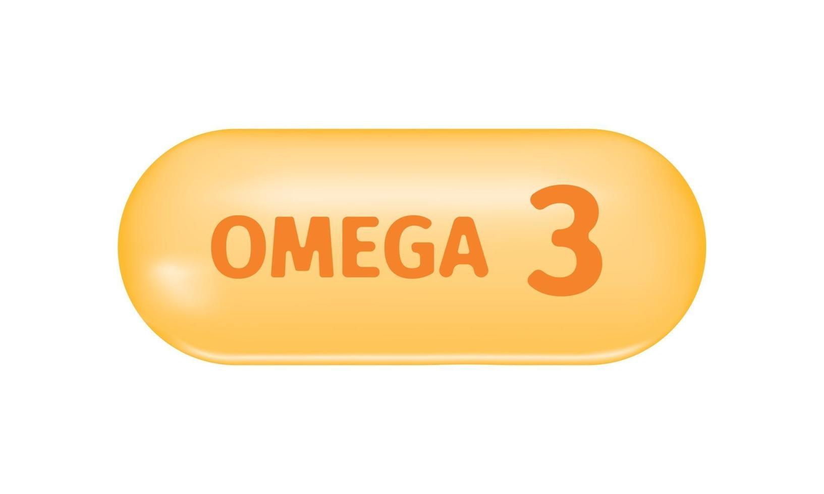 Golden capsule with text Omega 3. Pill of fish oil, polyunsaturated fatty acids vector