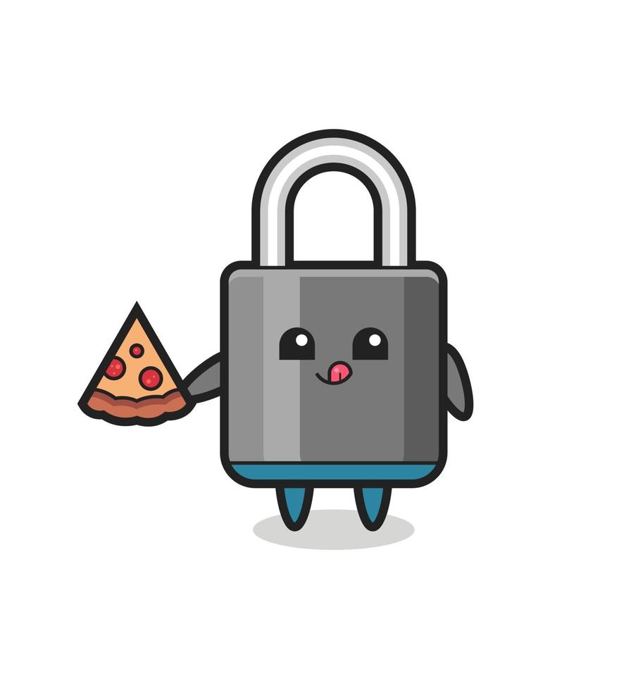 cute padlock cartoon eating pizza vector