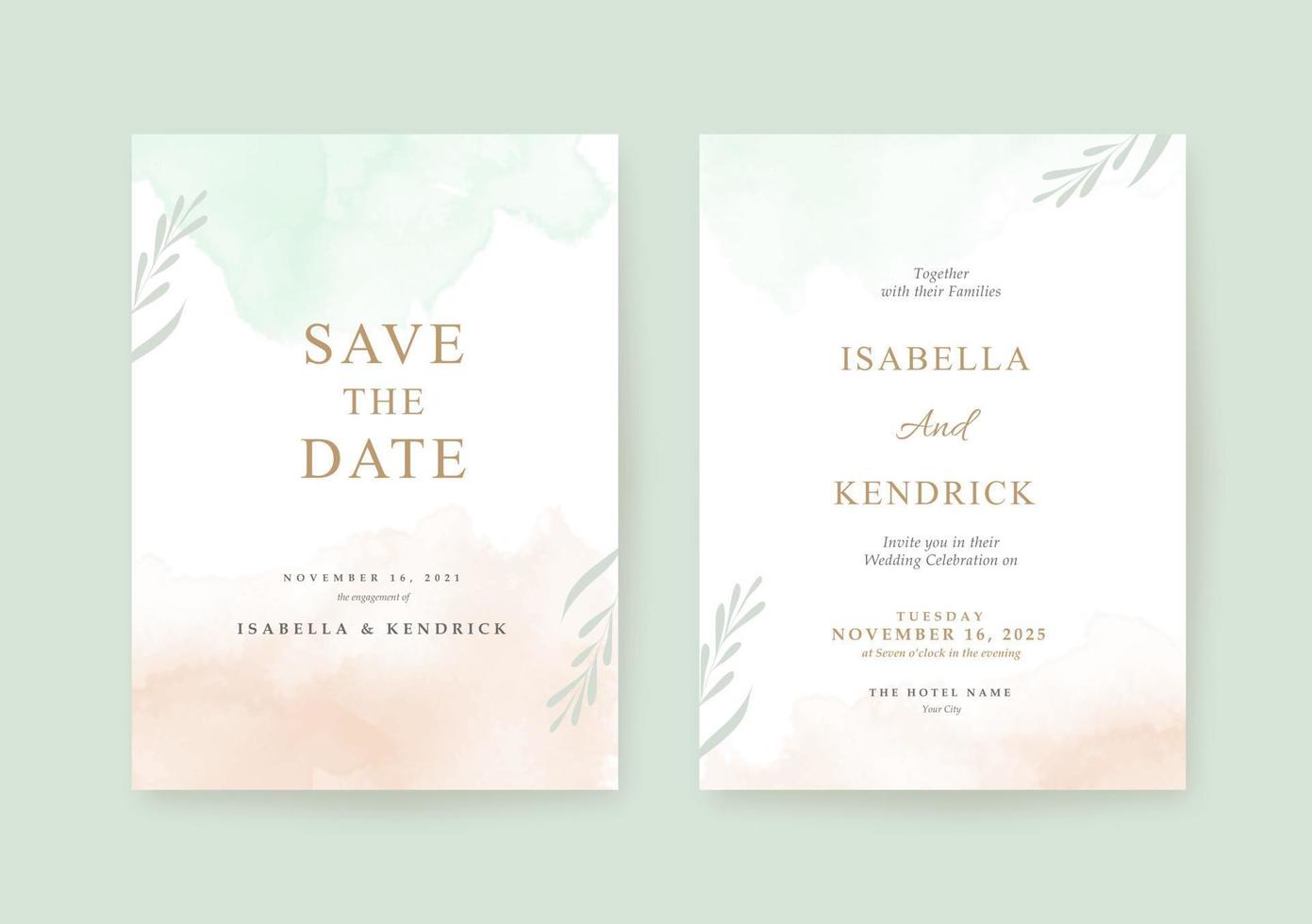 Beautiful simple and clean wedding invitation set with watercolor vector