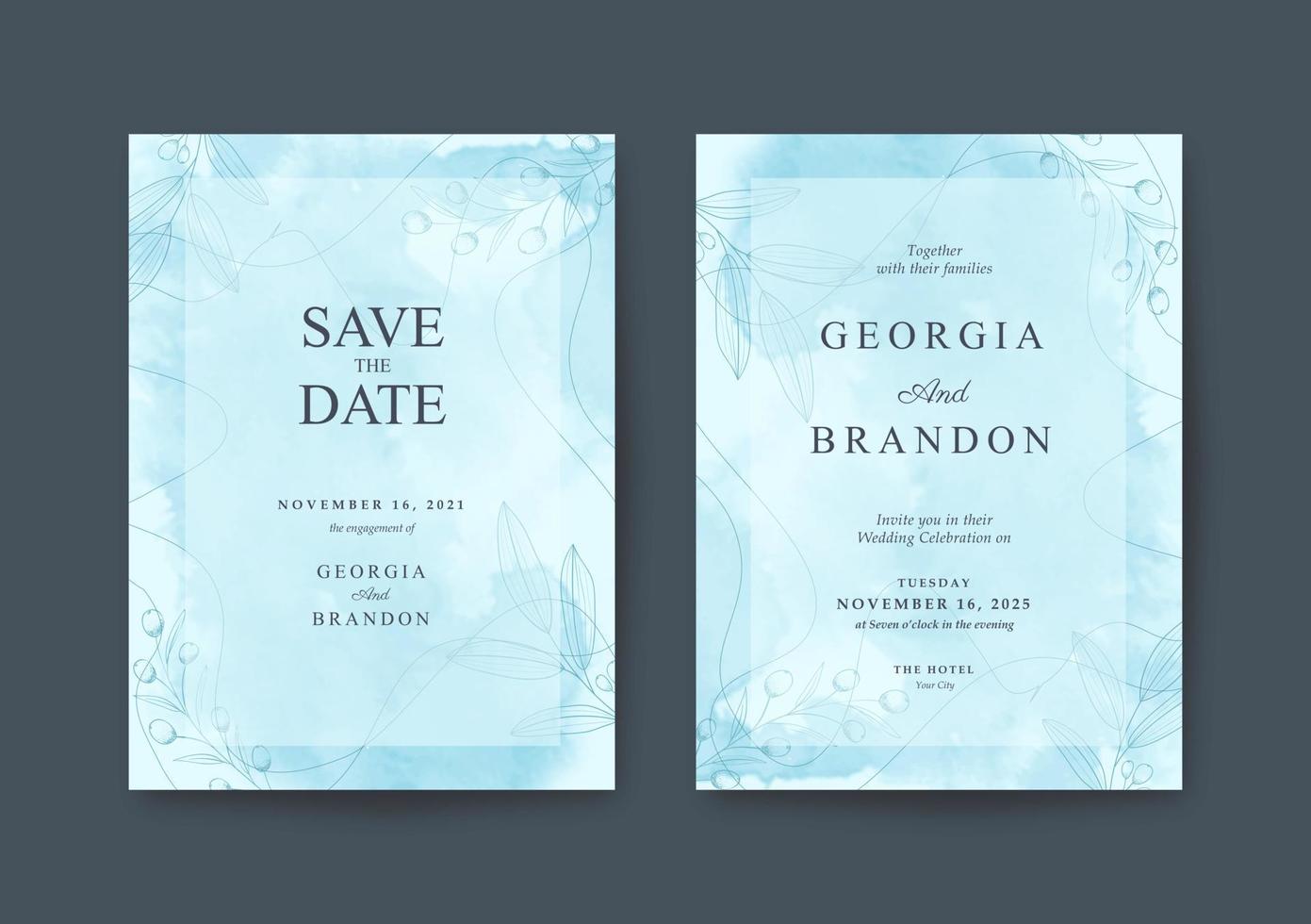 hermosa y romántica plantilla de invitación de boda azul suave vector