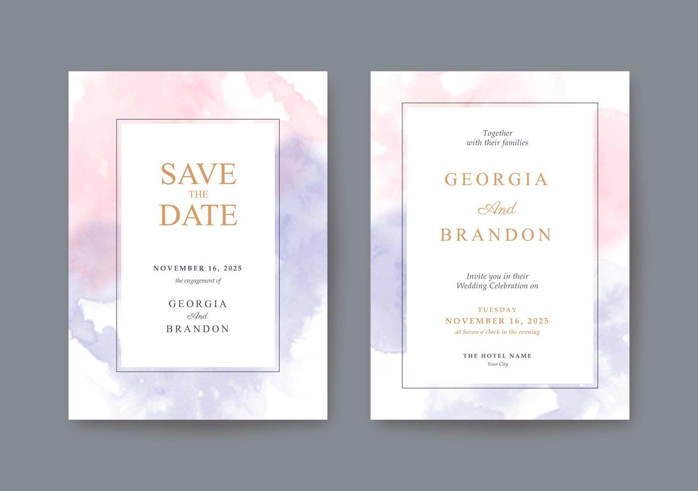 Wedding invitation template with Sweet pink and purple watercolor vector