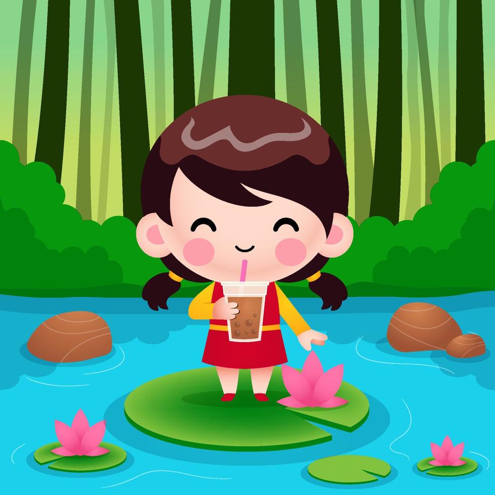 Cartoon Cute Little Girl Drink Bubble Tea Or Pearl Tea vector