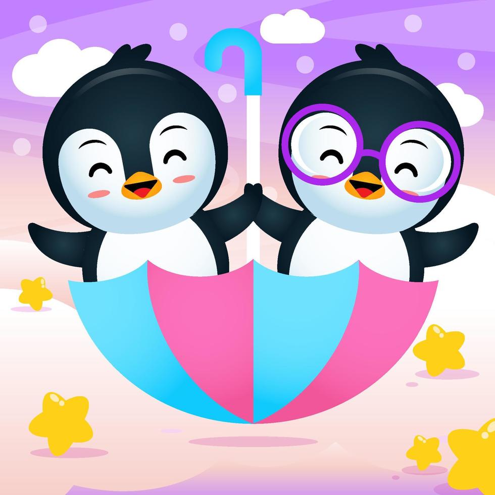 dibujos animados gemelos pingüinos montando paraguas voladores. vector