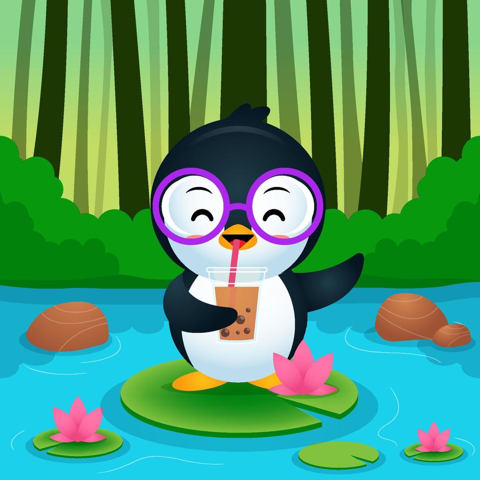 Cartoon Cute Penguin Standing On Lotus, Drink Bubble Tea Or Pearl Tea vector