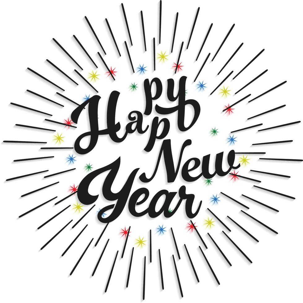 Happy New Year Greeting Card. Holiday Vector Illustration With Lettering Composition And Burst. Vintage festive label