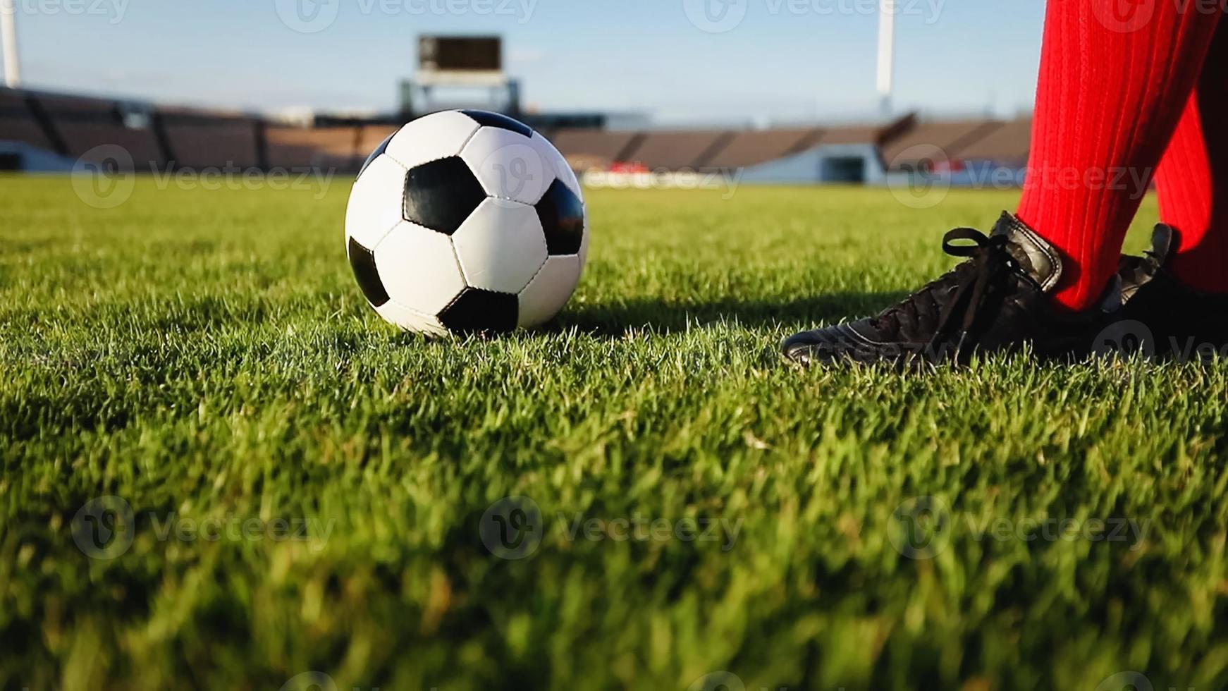 fútbol o jugador de fútbol de pie con la pelota en el campo para patear la pelota de fútbol en el estadio de fútbol foto