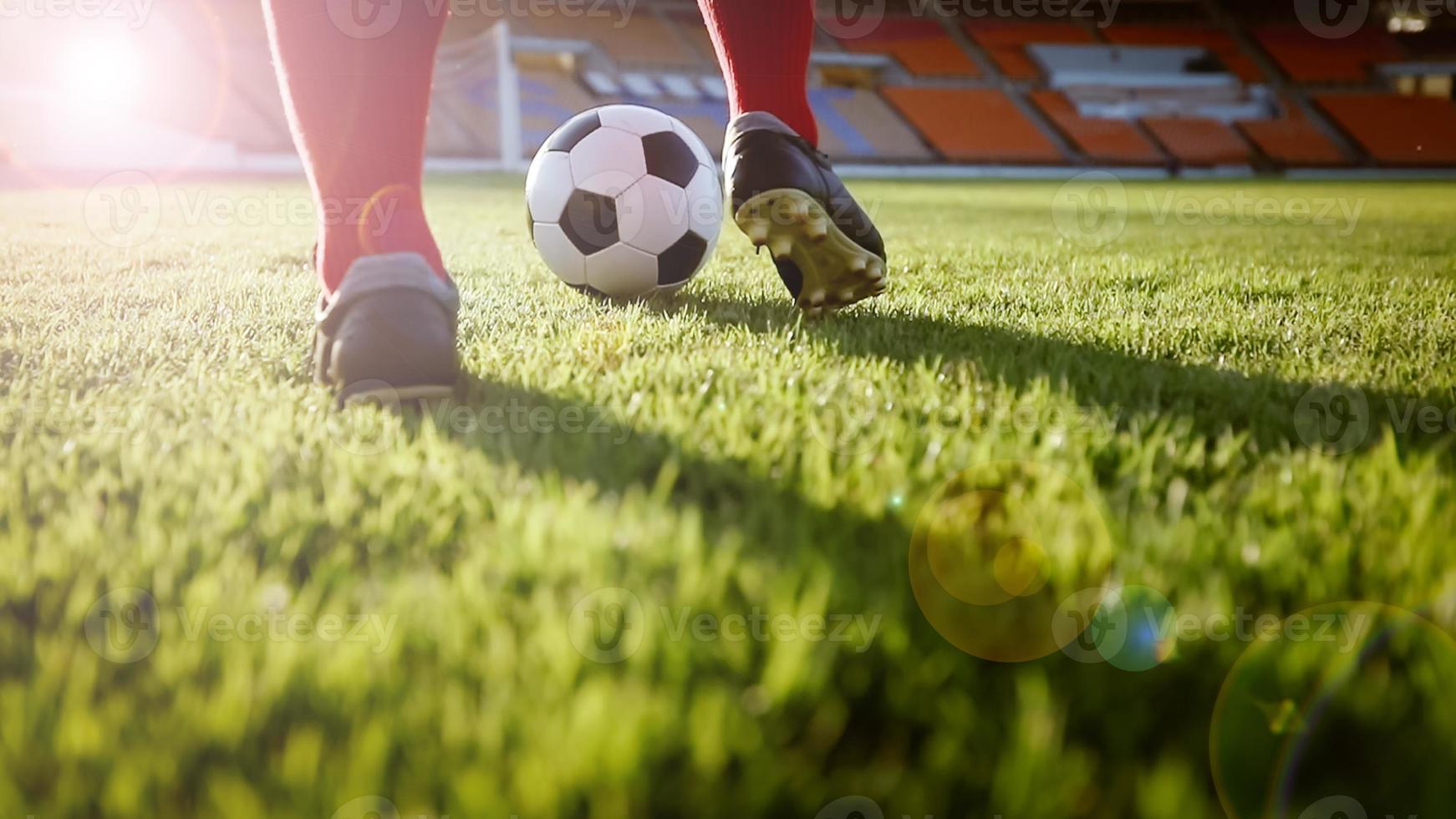 fútbol o jugador de fútbol de pie con la pelota en el campo para patear la pelota de fútbol en el estadio de fútbol foto