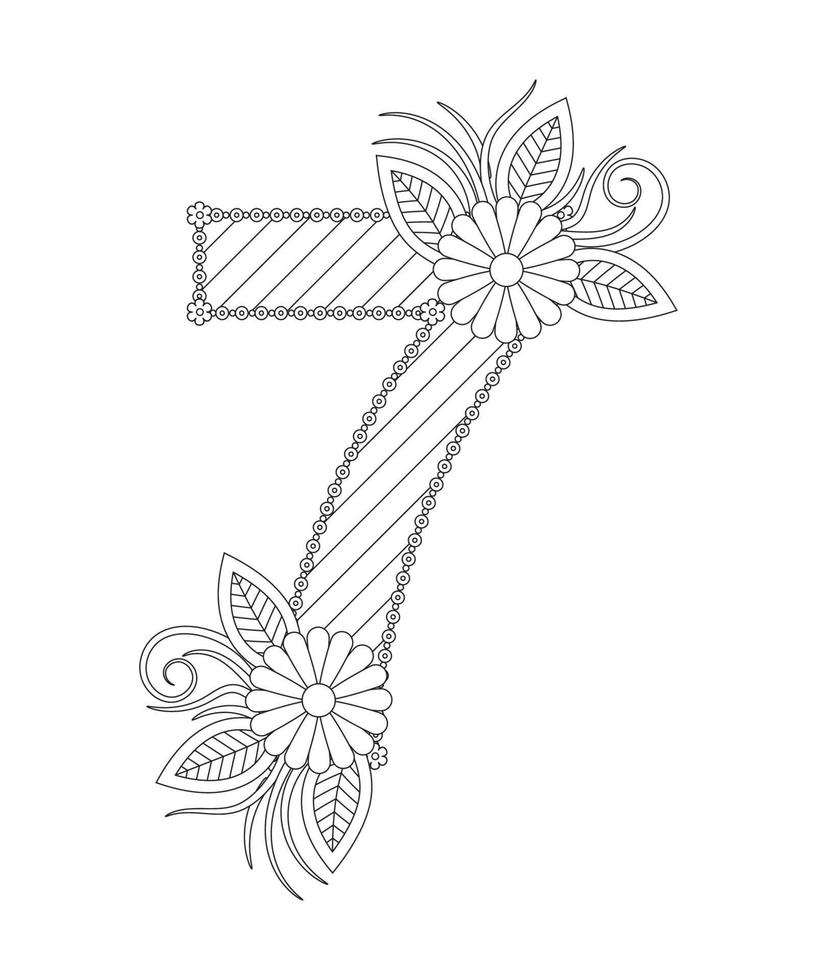 Number coloring page with floral style. 123 coloring page - number 7 vector