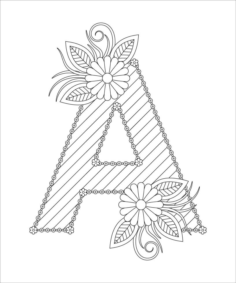 Alphabet coloring page with floral style. ABC coloring page - letter A vector