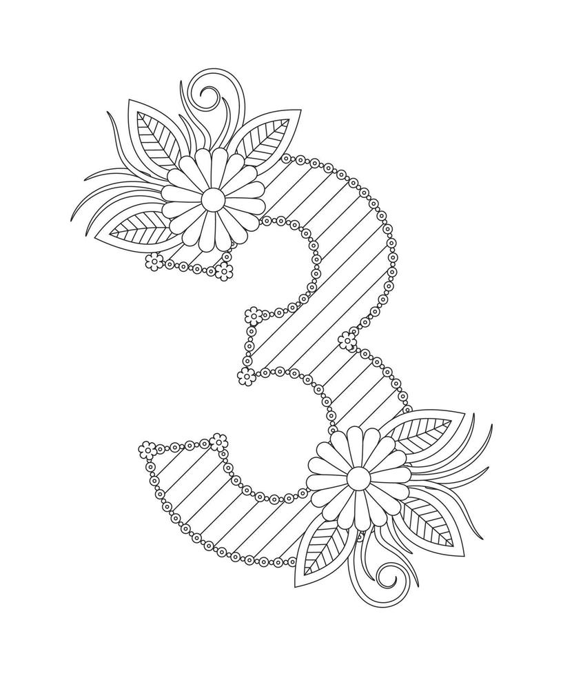 Number coloring page with floral style. 123 coloring page - number 5 vector