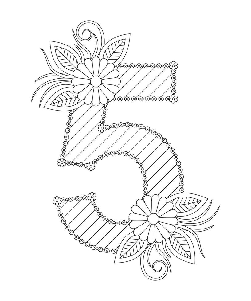 Number coloring page with floral style. 123 coloring page - number 5 vector