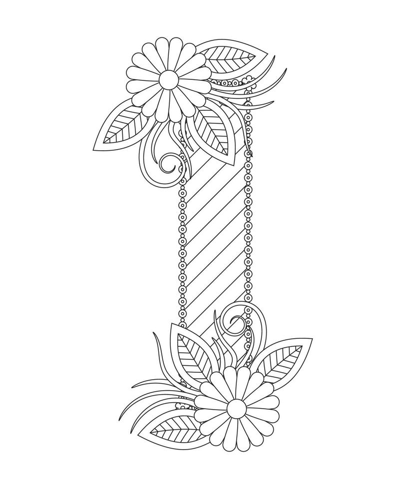 Alphabet coloring page with floral style. ABC coloring page - letter I vector