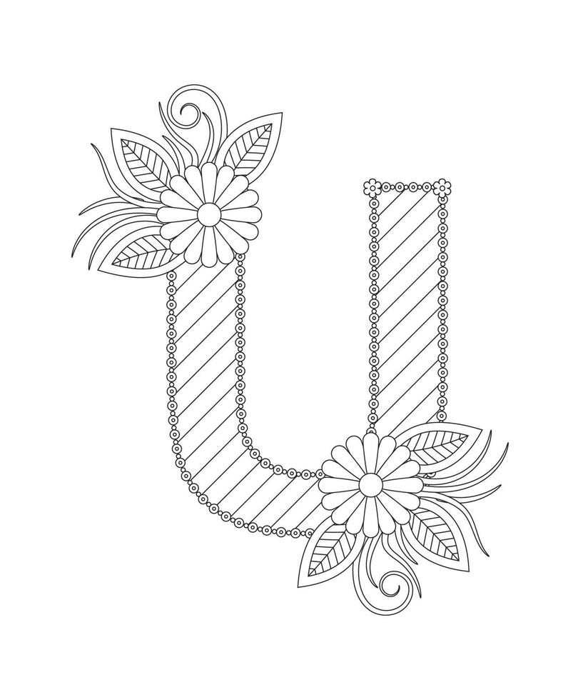 Alphabet coloring page with floral style. ABC coloring page - letter U vector