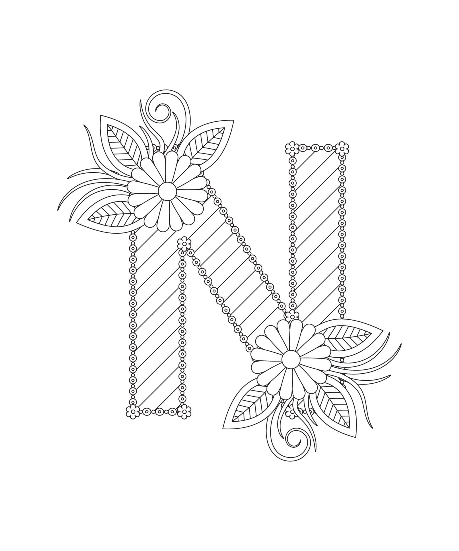 Alphabet coloring page with floral style. ABC coloring page - letter N
