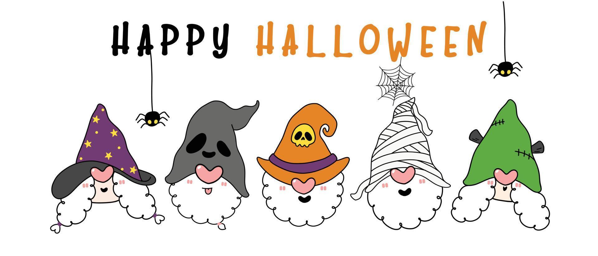 Cute happy three gnomes halloween heads in hallooween costume brujas sombreros, banner de feliz halloween, contorno de personaje de dibujos animados dibujado a mano vector