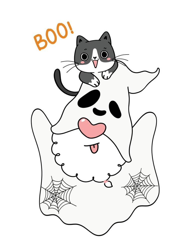 lindo gnomo de halloween fantasma con feliz gatito negro juguetón gato, abucheo, contorno de doodle dibujado a mano de dibujos animados vector