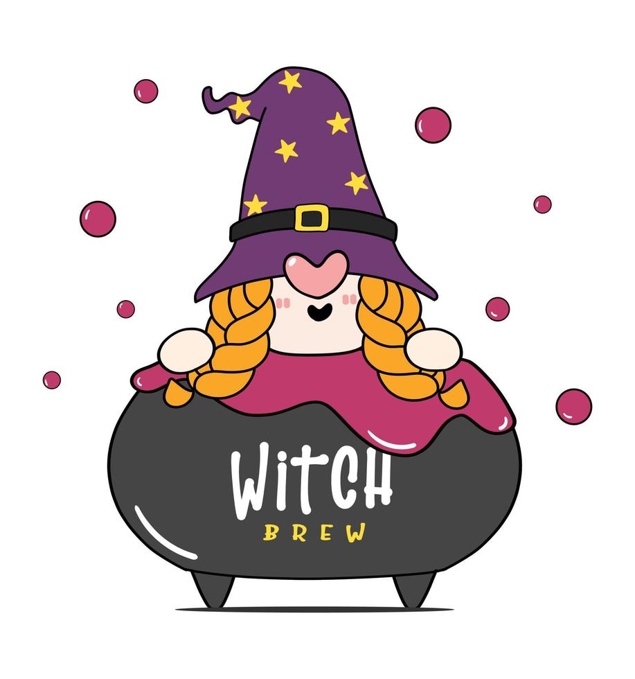 Cute happy Halloween witch Gnome in poison brew pot cauldron, witch brew, cartoon character doodle hand drawn outline vector