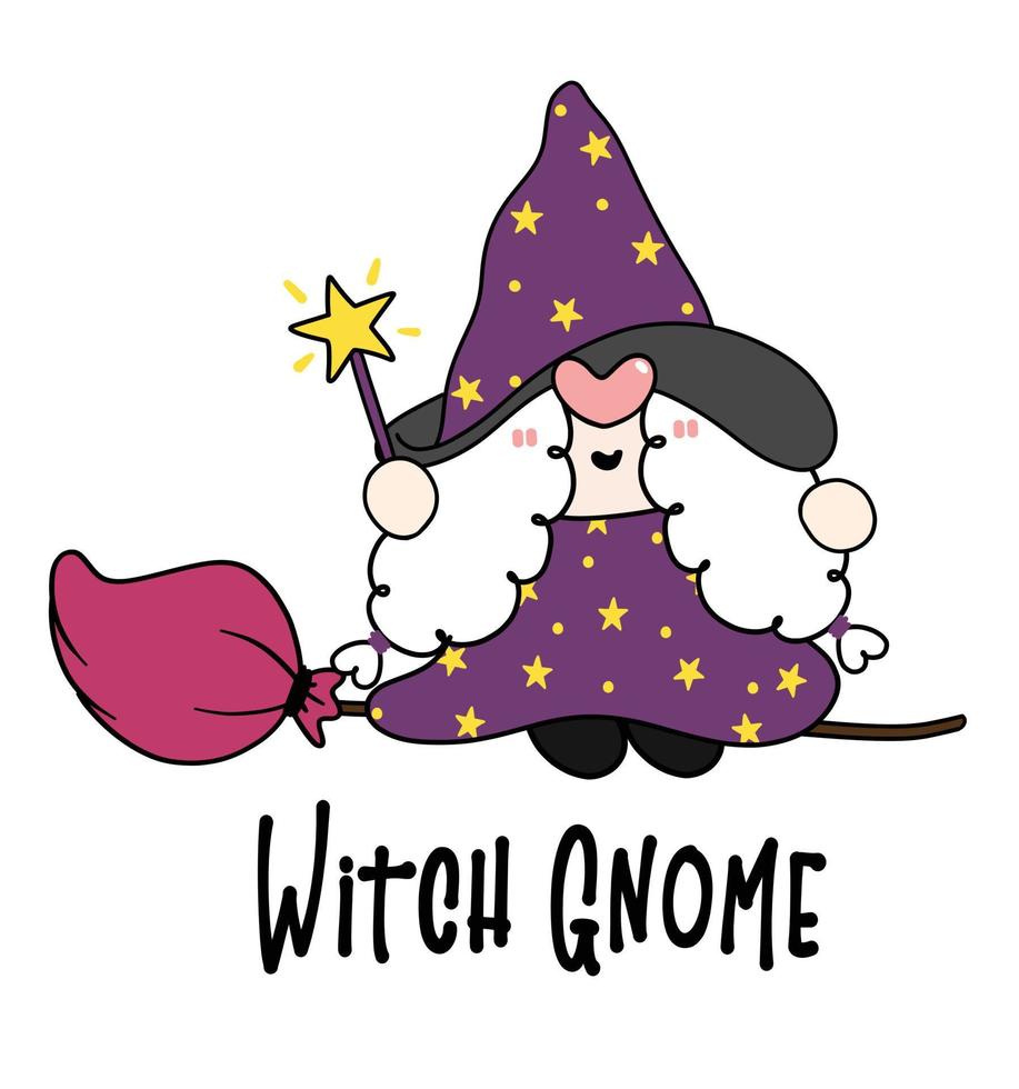 Cute Halloween Witch Gnome on flying broomstick, cartoon character doodle hand drawn outline vector