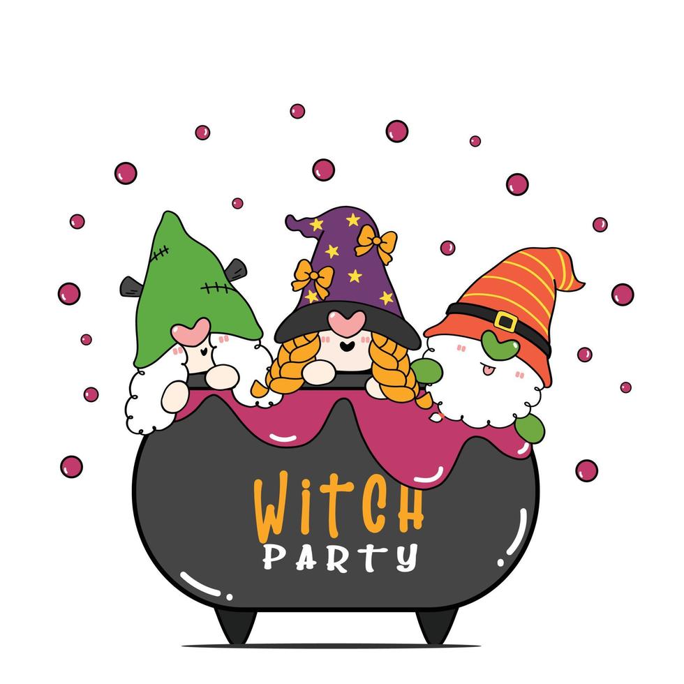 Group of three happy Halloween Witch gnome party in poison brew pot caudron, flat cartoon character doodle outline vector