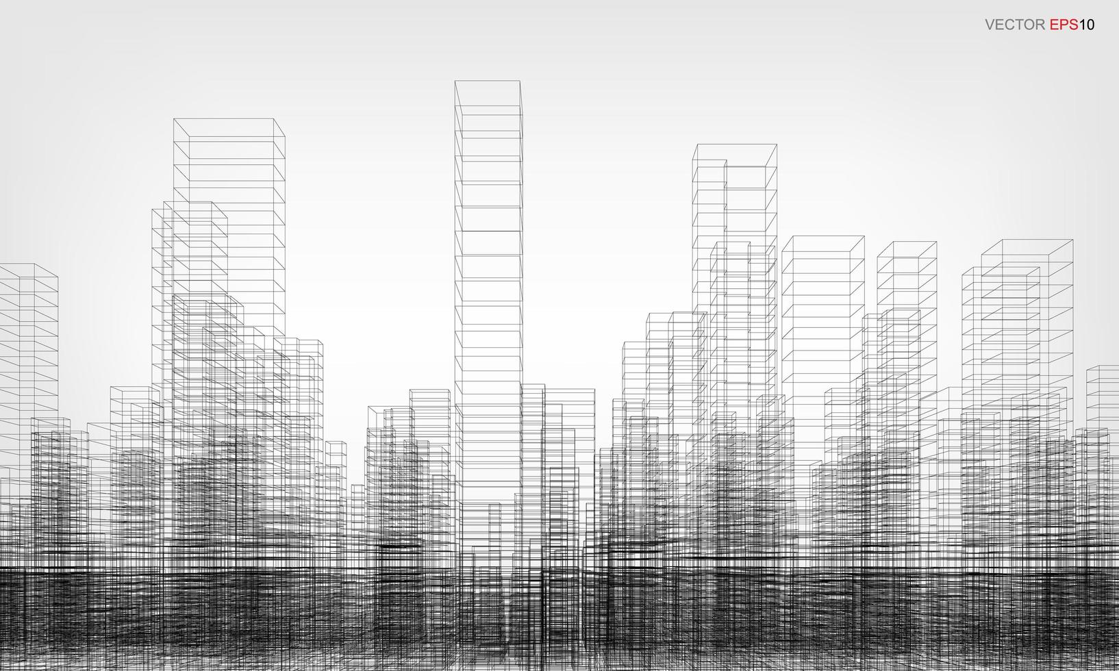 Wireframe city background. Perspective 3D render of building wireframe. Vector. vector