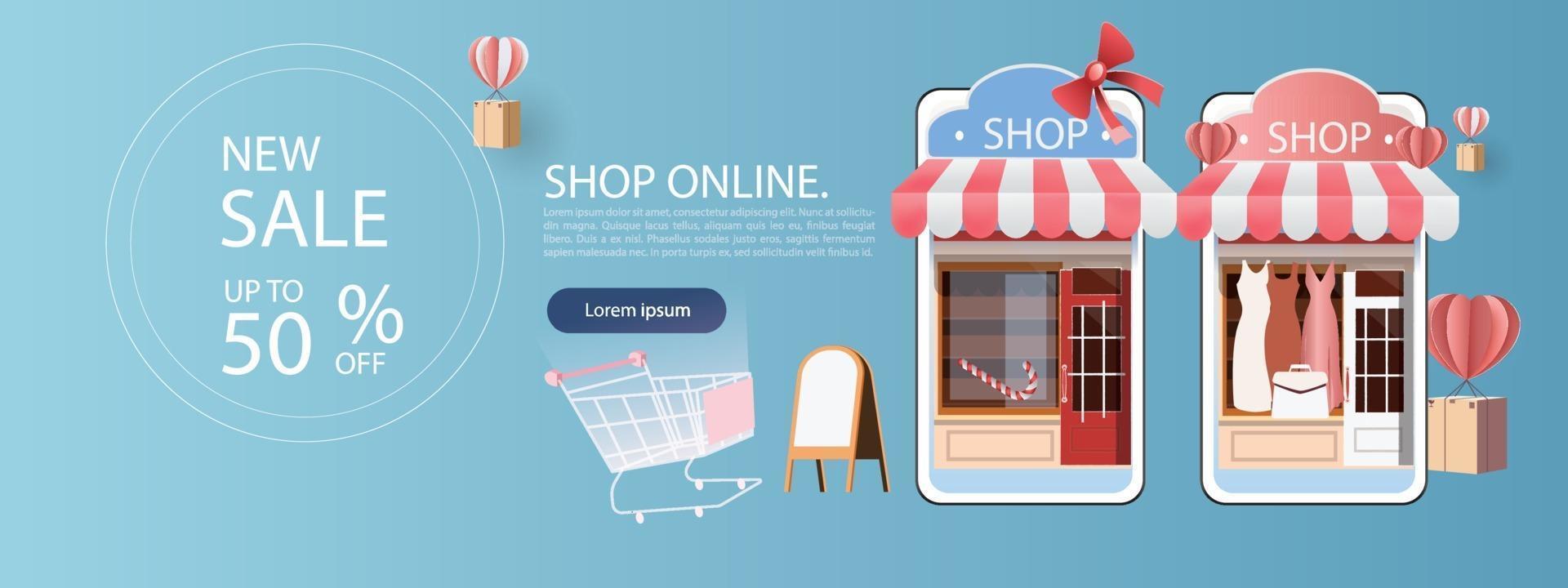paper art shopping online on smartphone and new buy sale promotion pink backgroud for banner market ecommerce women concept. vector