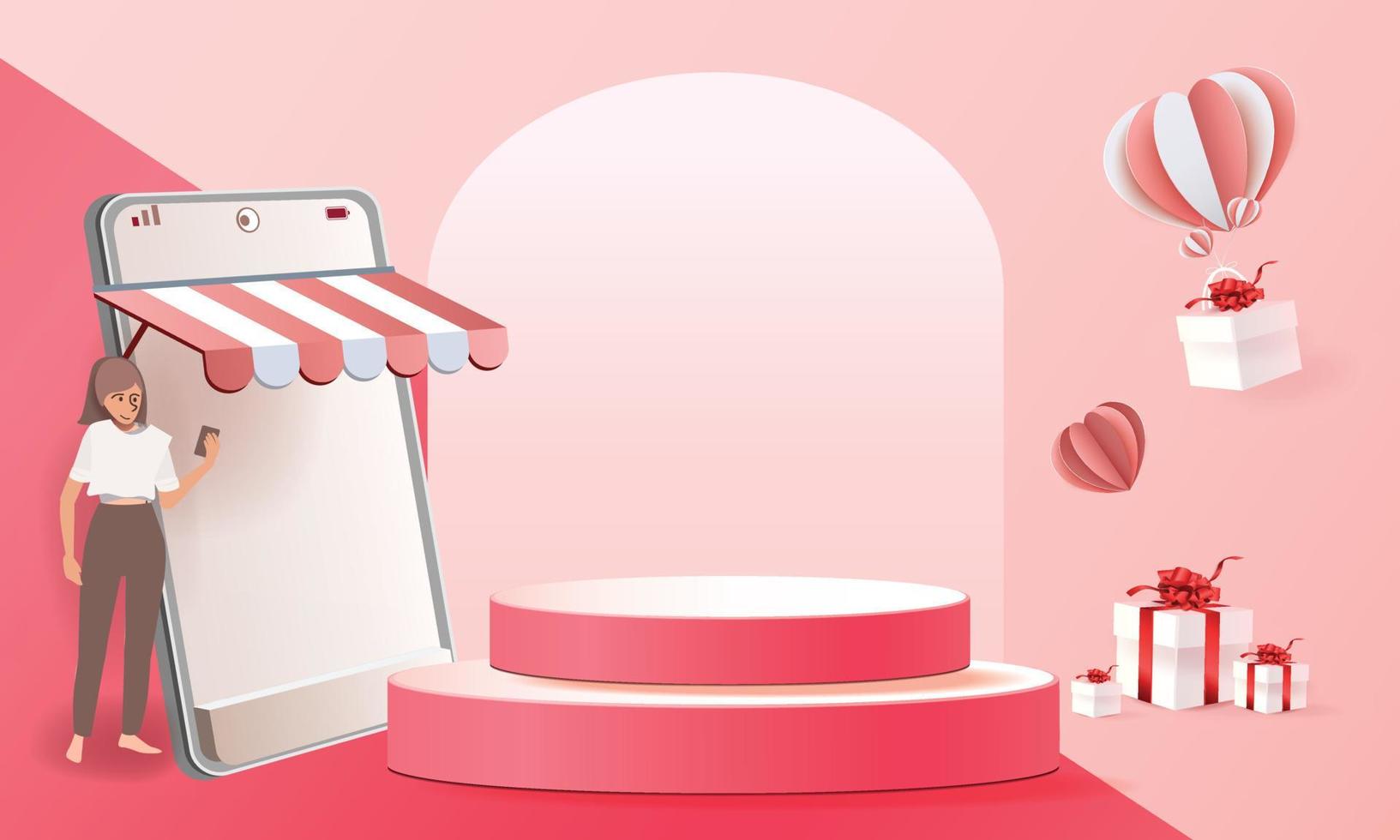 compras en línea en el teléfono con el vector del ejemplo de la caja de regalos del fondo rosado moderno del arte del papel del podio.